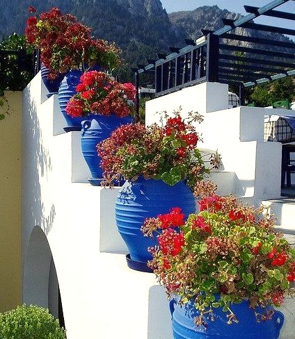 Flowers on the stairs in Zia, Kos Island, Greece