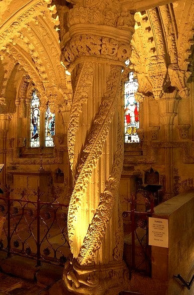 The Apprentice Pillar inside Rosslyn Chapel, Scotland